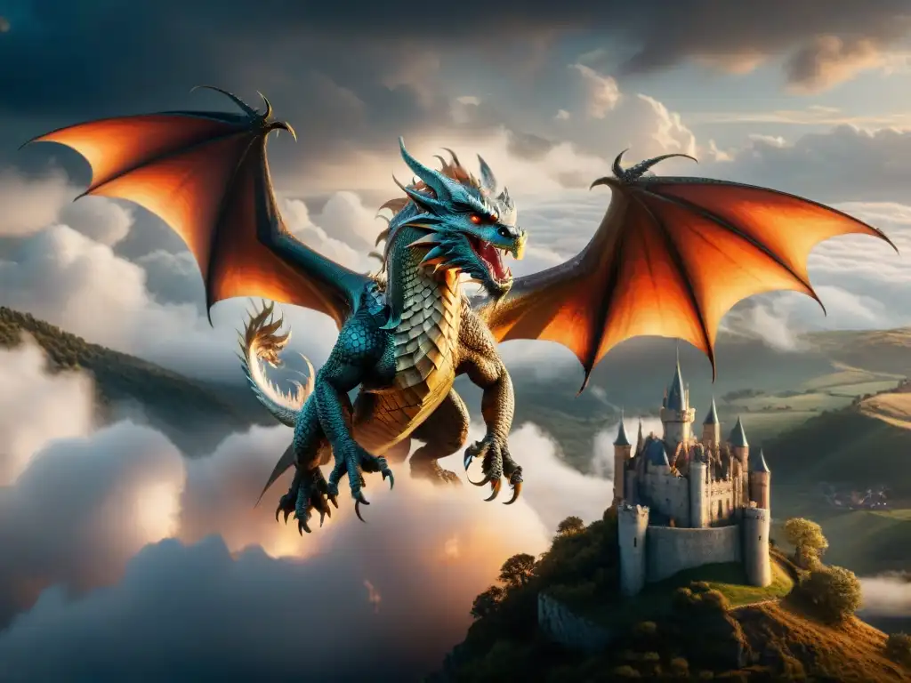 Un dragón Targaryen majestuoso surca los cielos con poder y gracia, simbolizando las lecciones de liderazgo de la dinastía Targaryen