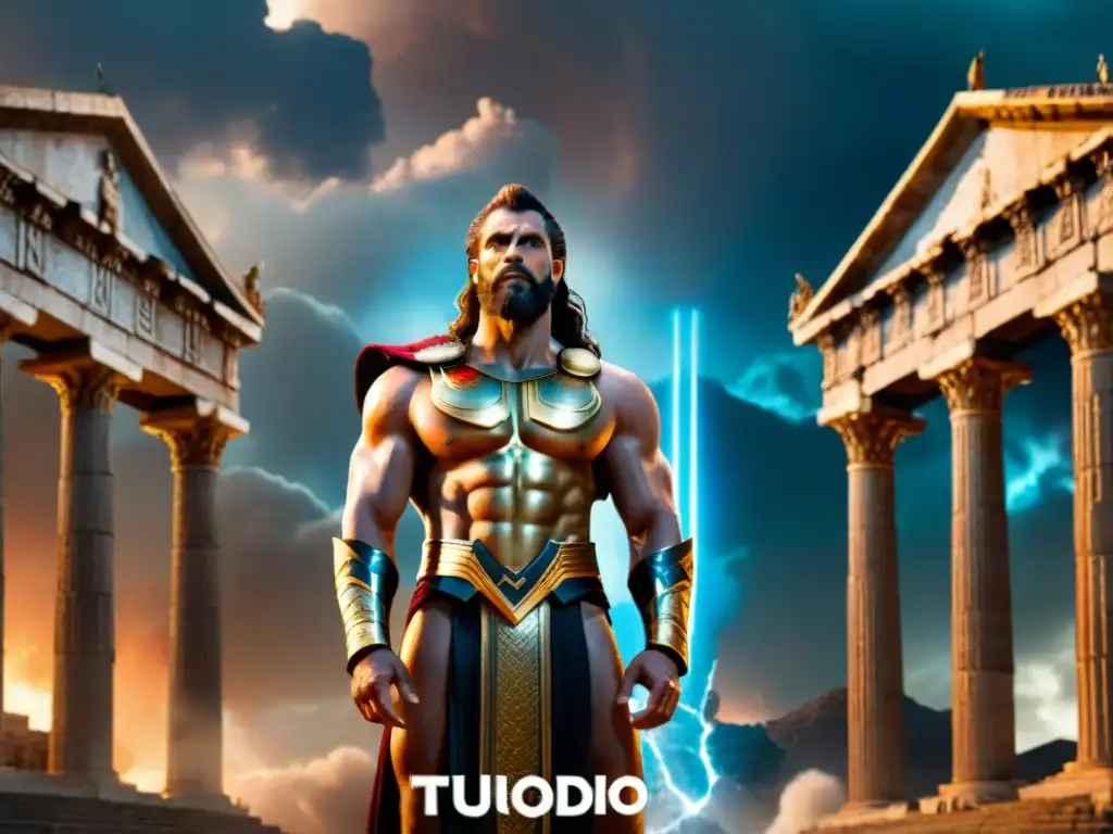 Dramática escena con Zeus, Poseidón y Hades en armaduras detalladas, en un escenario épico de arquitectura griega