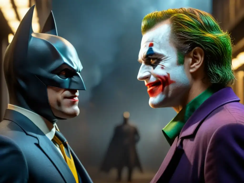 La dualidad entre el bien y el mal: Batman y el Joker en un intenso primer plano, en un ambiente oscuro y cinematográfico