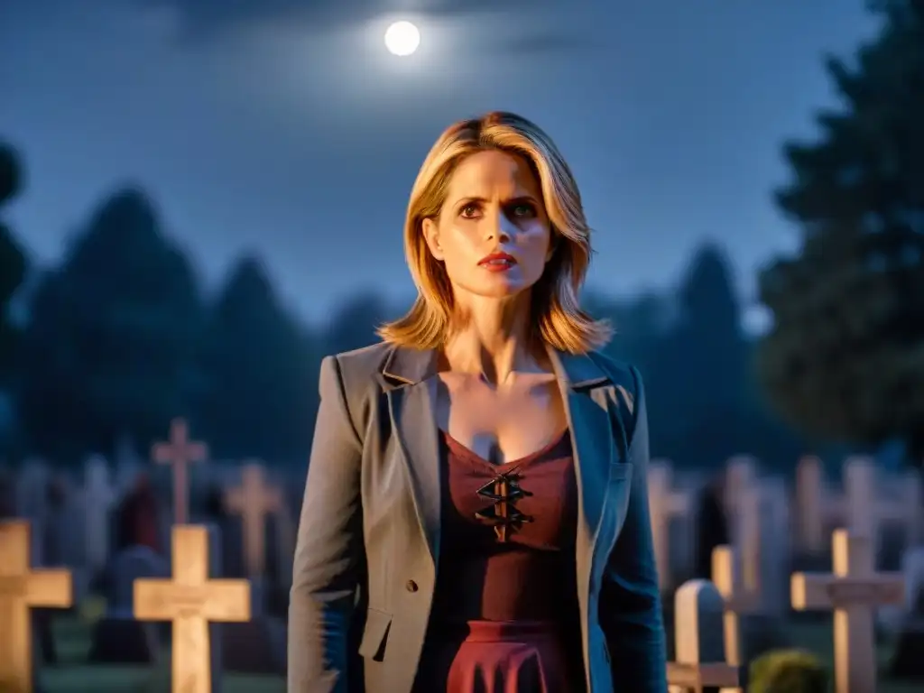 La dualidad en Buffy: en un cementerio, Buffy mira a vampiros con una estaca y una cruz, bajo la luna llena