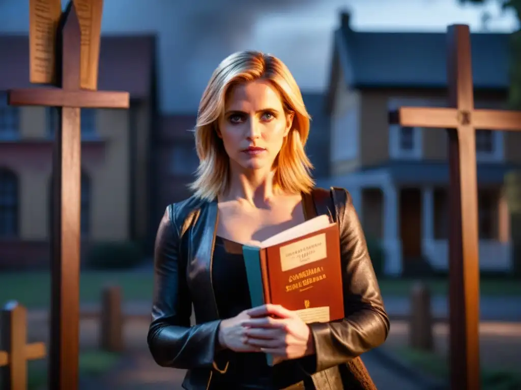 La dualidad en Buffy análisis: Buffy Summers en una encrucijada entre luz y oscuridad, con expresión determinada y objetos simbólicos