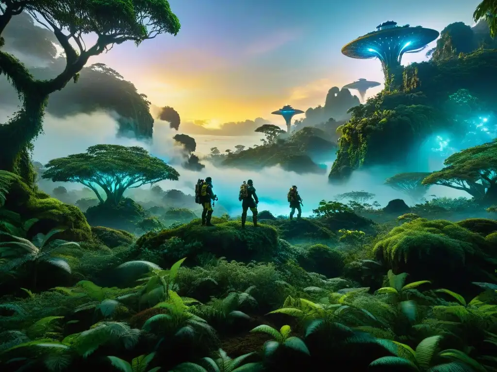 Dualidad moral en universos ficticios: Escena épica de Pandora de noche, Na'vi en la selva bioluminiscente frente a naves humanas