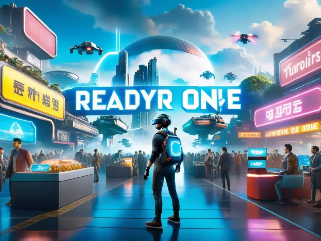 Economía en Ready Player One: Avatares comerciando en un mercado virtual vibrante y futurista