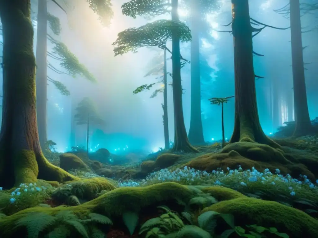 Ecosistemas únicos en universos ficticios: un bosque místico con árboles iridiscentes, flores bioluminiscentes y criaturas fantásticas