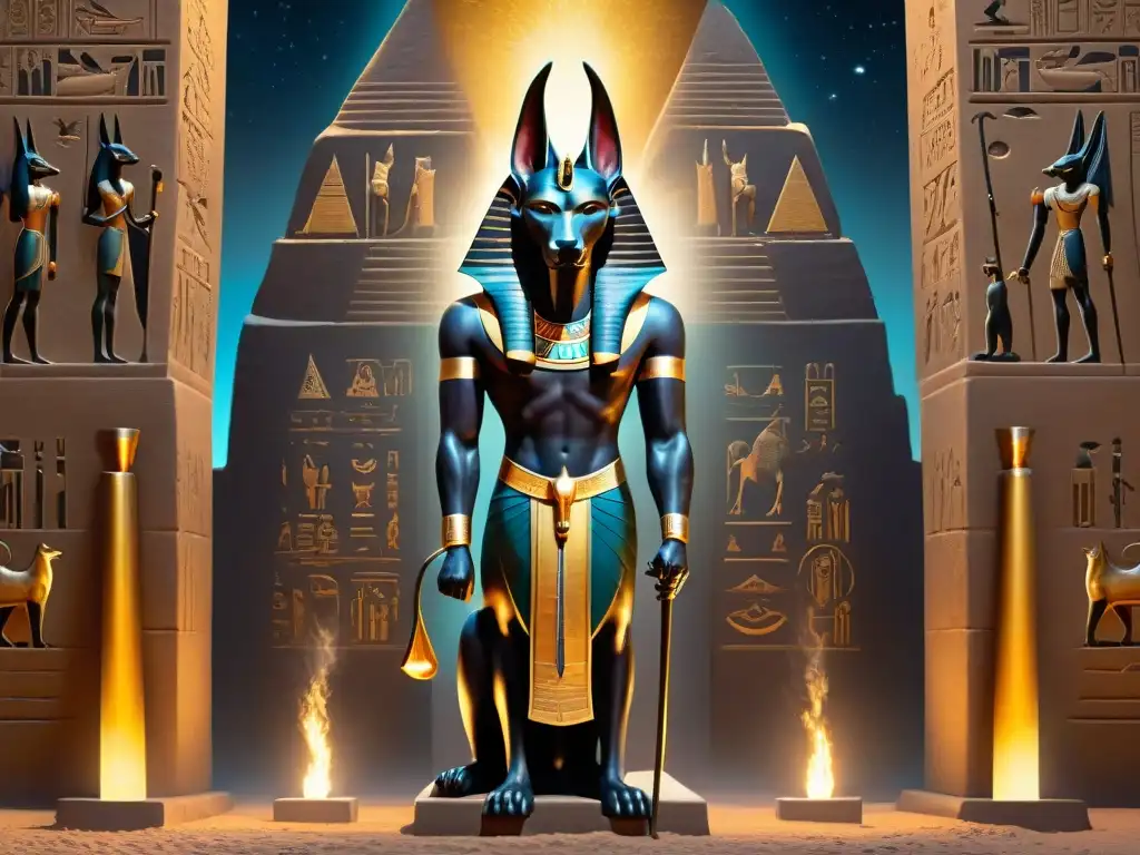 Anubis, dios egipcio, en la entrada del Inframundo con las balanzas de la justicia y la pluma de Ma'at