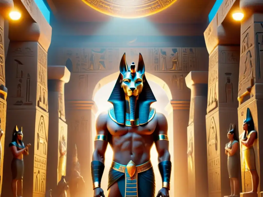 Anubis, dios egipcio de la mitología, en un templo dorado de La Momia