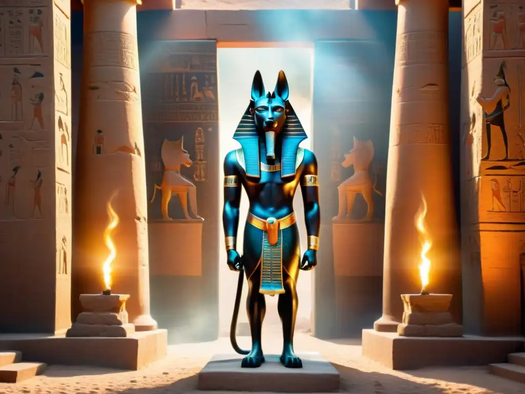 Anubis, dios egipcio, en un templo al atardecer con símbolos antiguos