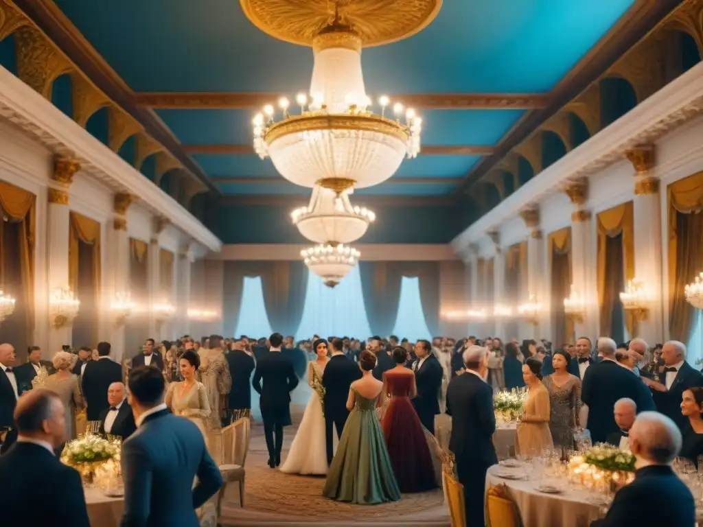 Elegante salón de baile con figura regia rodeada de lujo, como en 'The Crown'