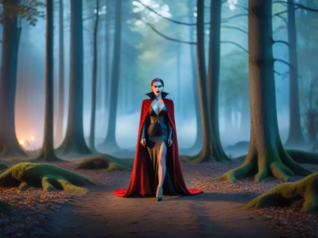 Elegantes vampiros emergen de un bosque encantado al atardecer