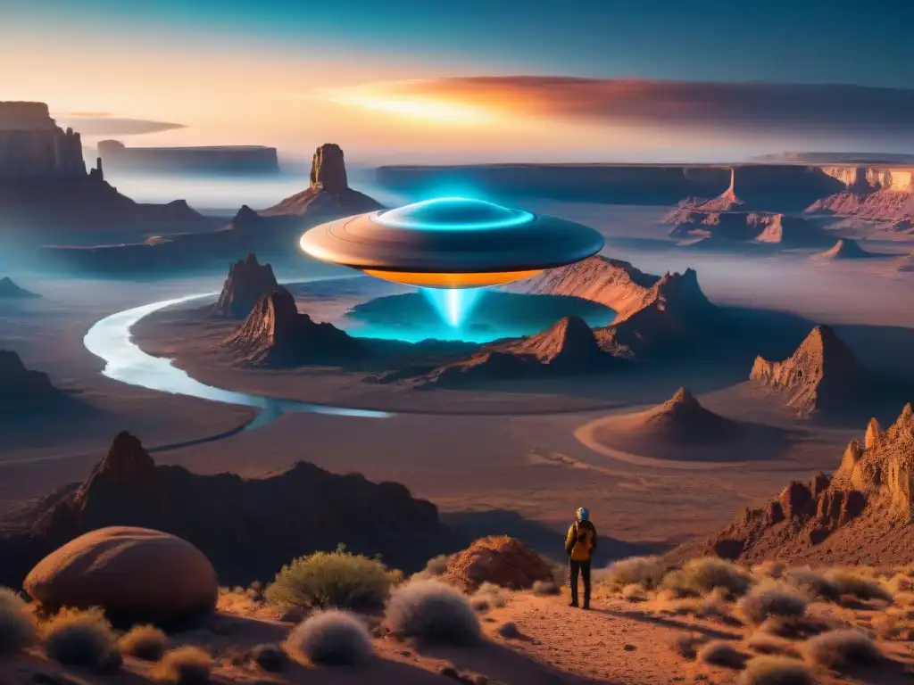 Embarcación misteriosa iluminada por el sol alienígena, rodeada de seres extraterrestres curiosos en un paisaje alienígena