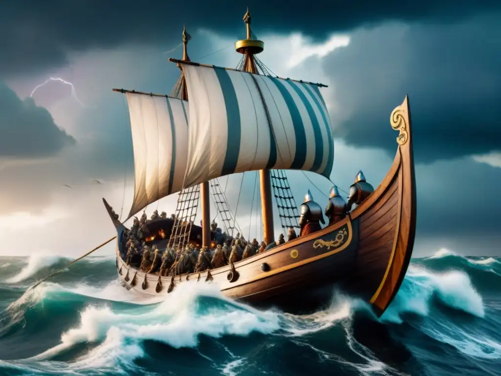 Embarcación vikinga surca mares tormentosos, reflejando la influencia de la mitología nórdica en Thor