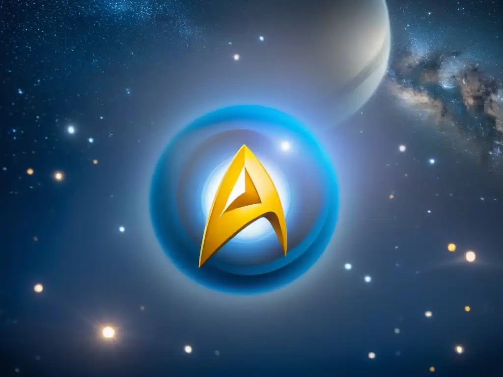 Emblema de la Federación de Planetas Unidos en un cielo estrellado, simbolizando utopías políticas en Star Trek