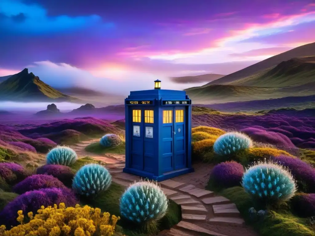 La emblemática TARDIS emerge en un planeta alienígena vibrante, evocando la exploración de mundos ficticios en Doctor Who