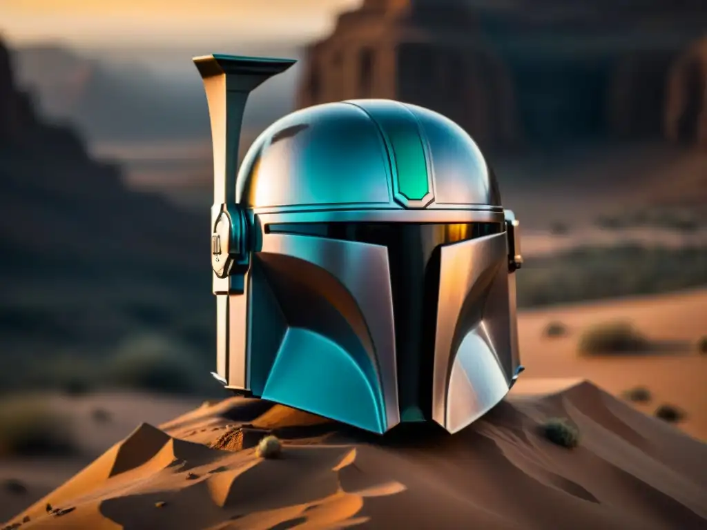 El emblemático casco mandaloriano refleja misterio y resiliencia en un paisaje desértico, con impacto económico cazadores recompensas Mandalorian