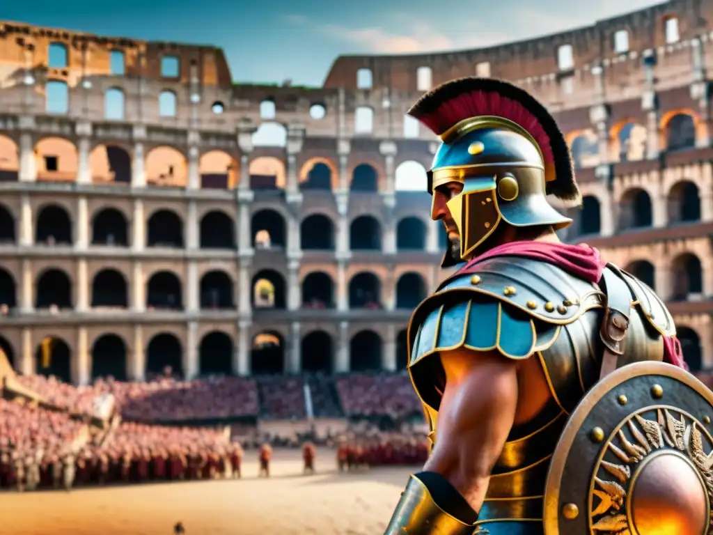 Emotiva escena del Coliseo romano al atardecer con un gladiador en pose dramática