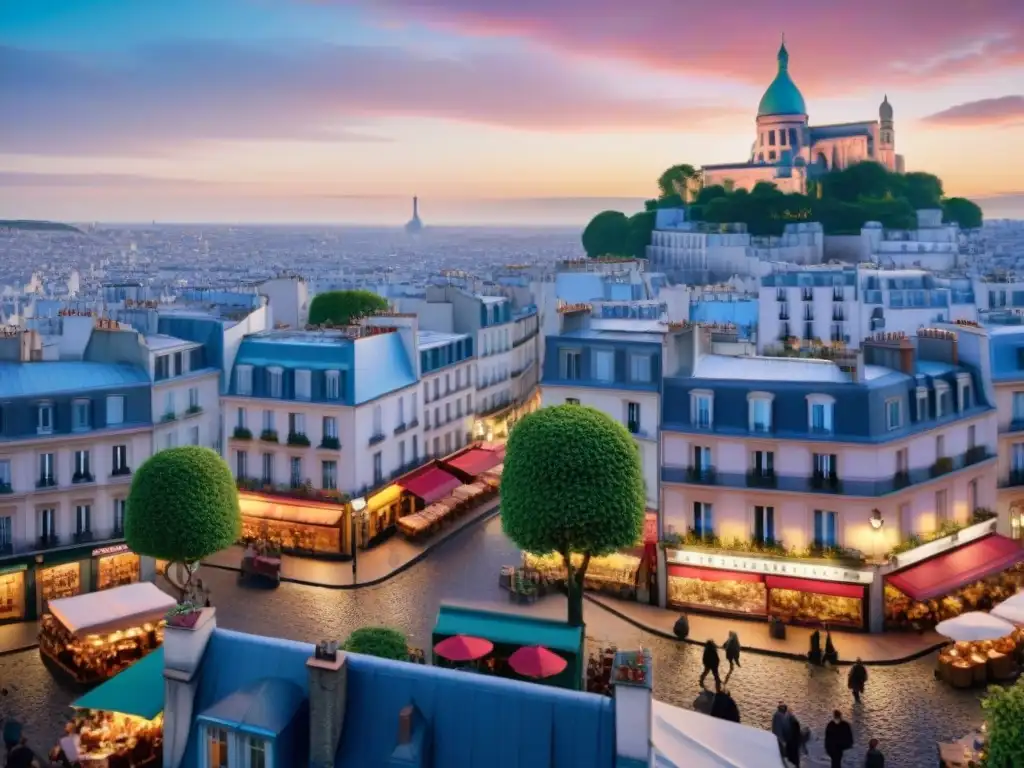 Encantador atardecer en Montmartre, París, con la Basílica del Sagrado Corazón al fondo y artistas callejeros