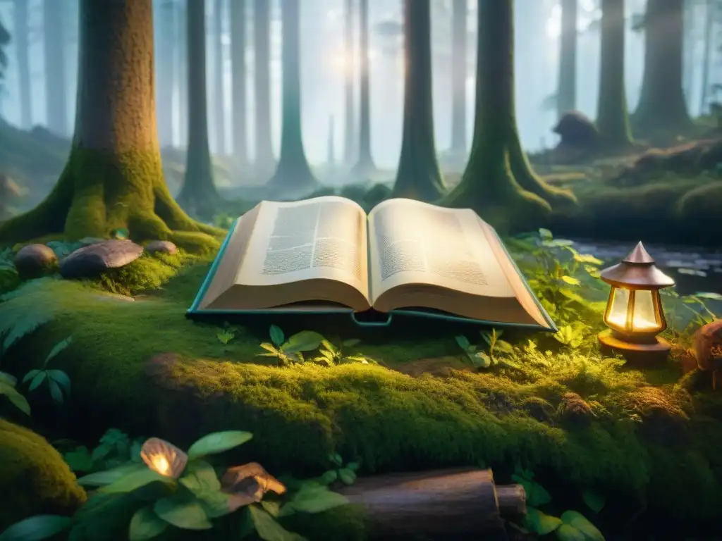 Encantador encuentro de duendes y elfos en un bosque místico al atardecer, junto a un libro antiguo brillante