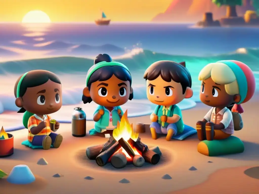 Encantadora imagen de vecinos de Animal Crossing en la playa al atardecer, reflejando el análisis sociológico de Animal Crossing