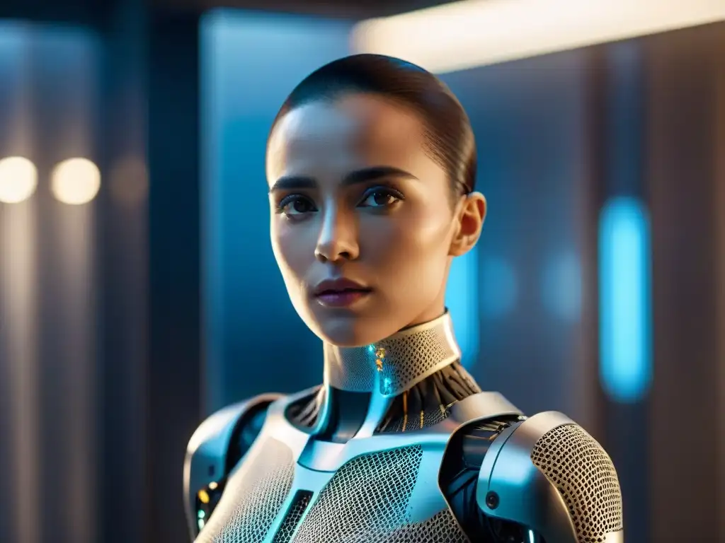 Un encuentro épico entre Ava de 'Ex Machina' y Sonny de 'I, Robot' en un ambiente futurista lleno de tecnología avanzada