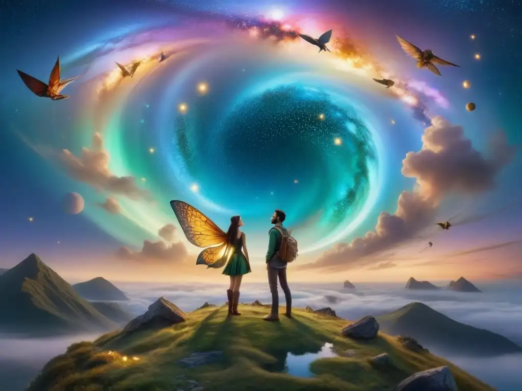 Un encuentro místico entre humanos y criaturas míticas en un plano astral, comunicándose a través de un lenguaje de comunicación entre humanos