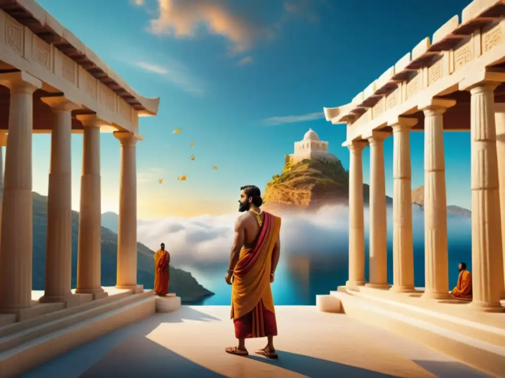 Encuentro místico: Plato y Shankara dialogan en escenario celestial Encuentro místico entre Platón y Shankara en escenario mitológico: fusión de Mitología Hindú en Espiritualidad Occidental