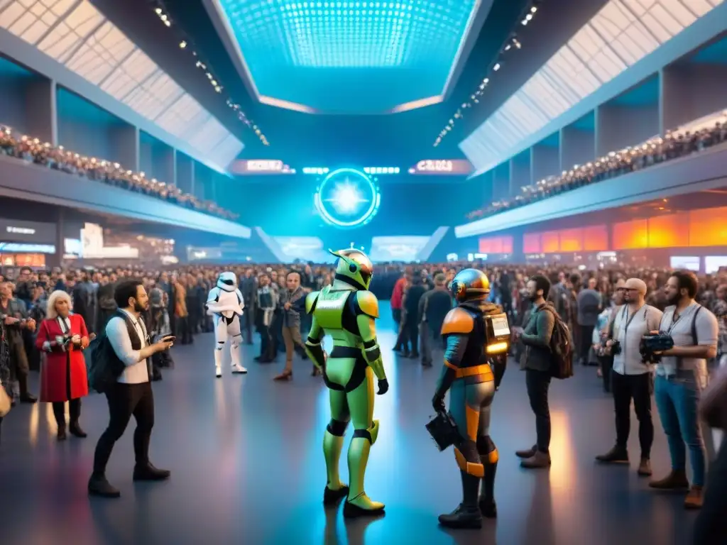 Convención de Ciencia Ficción: Fans, Cosplay y Androides en 8k Encuentros con íconos de ciencia ficción en convención futurista llena de fans entusiastas y cosplayers