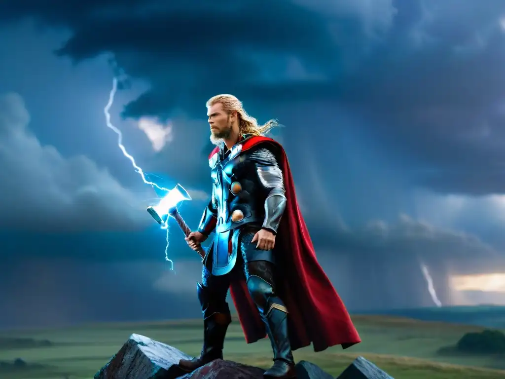 Thor enérgico enfrenta a bestia en campo de batalla de mitología nórdica en Thor