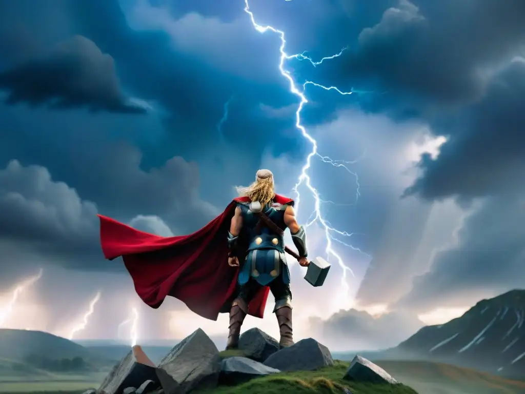 Enfrentamiento épico: Thor, dios del trueno, desafiando la tormenta con Mjölnir