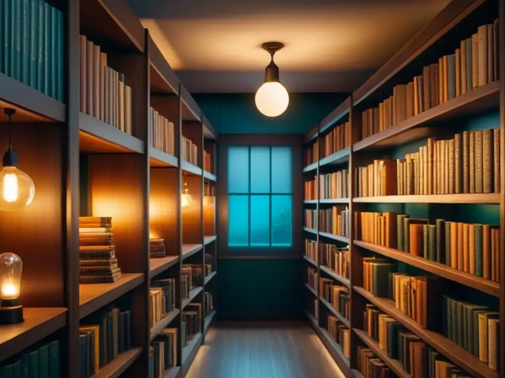 Enigmática biblioteca antigua iluminada por una sola bombilla, evocando 'Inspiraciones literarias en Stranger Things'