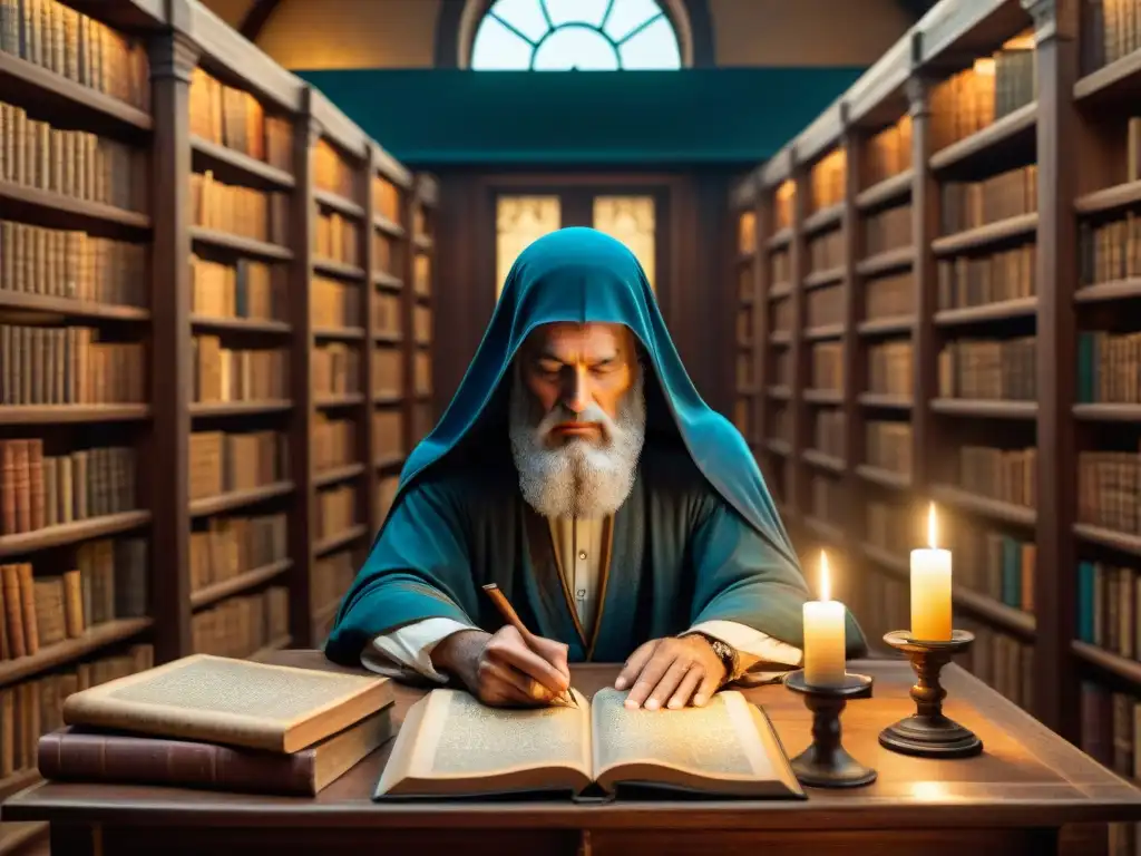 Enigmática biblioteca antigua con libros desgastados y luz de velas, elementos clave de Religión en El Código Da Vinci