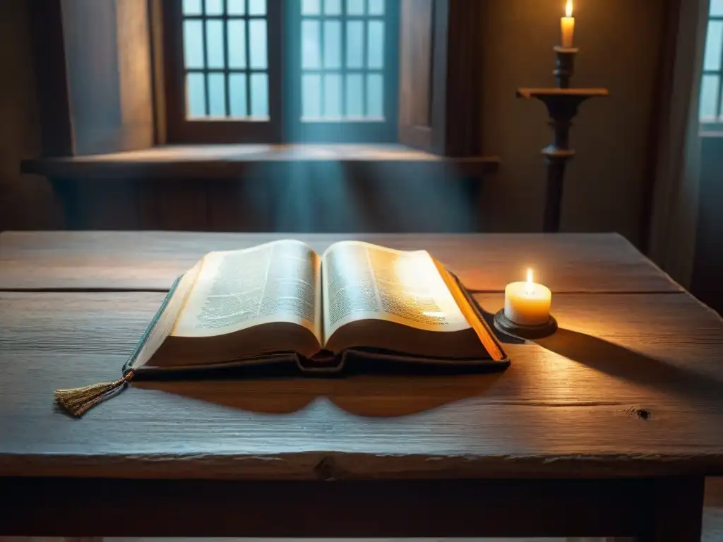 Enigmática escena en penumbra con una antigua Biblia abierta sobre mesa de madera rústica, iluminada por la luz de una ventana polvorienta