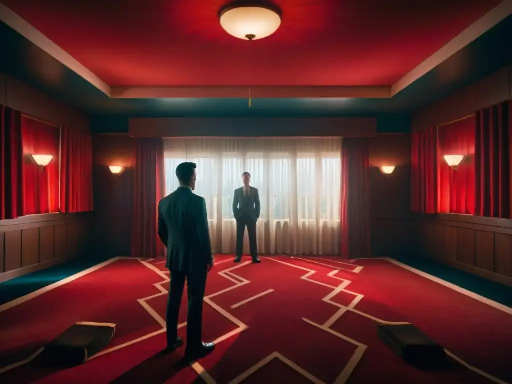 Enigmática escena del universo surrealista Twin Peaks con Agent Cooper y Hombre del Otro Lugar en la Sala Roja