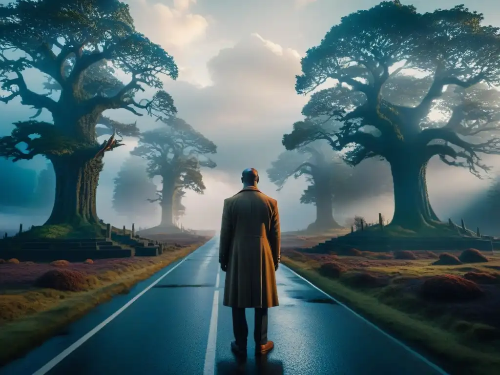 Un enigmático cruce de caminos en 'American Gods', con figuras sombrías y símbolos místicos bajo la luz de la luna