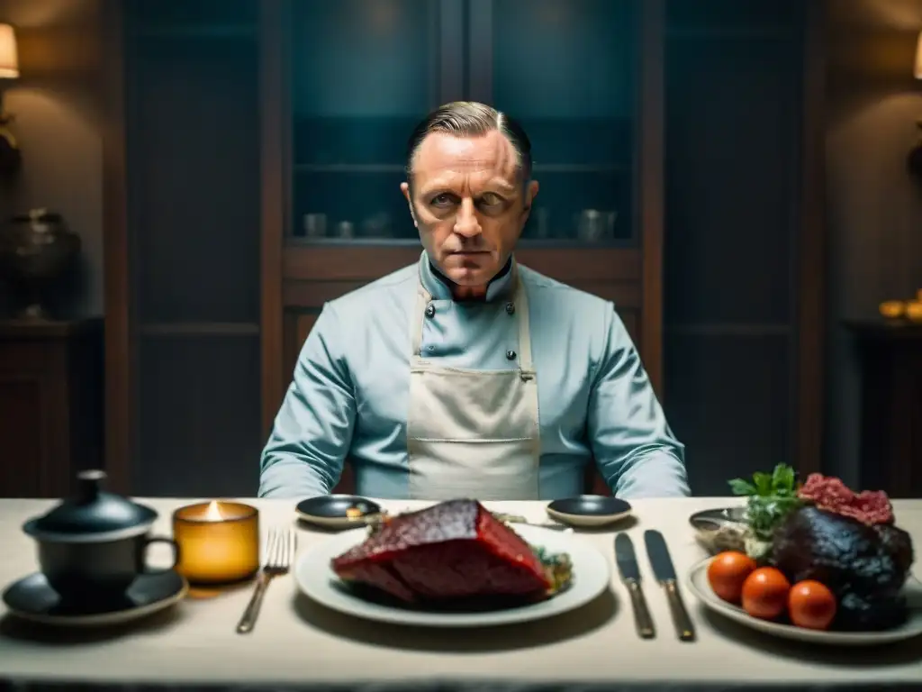 Enigmático Hannibal Lecter en su mesa rodeado de platos de carne humana, reflejando su compleja psicología