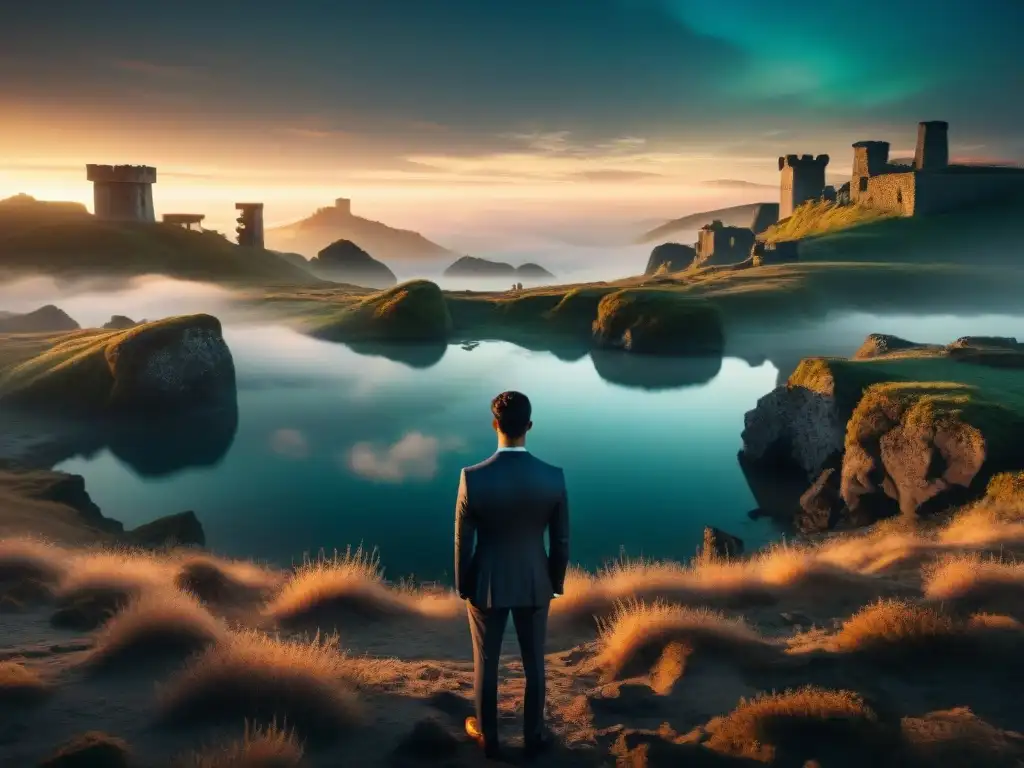 Enigmático paisaje limbo, ruinas antiguas, figura misteriosa mirando luz lejana