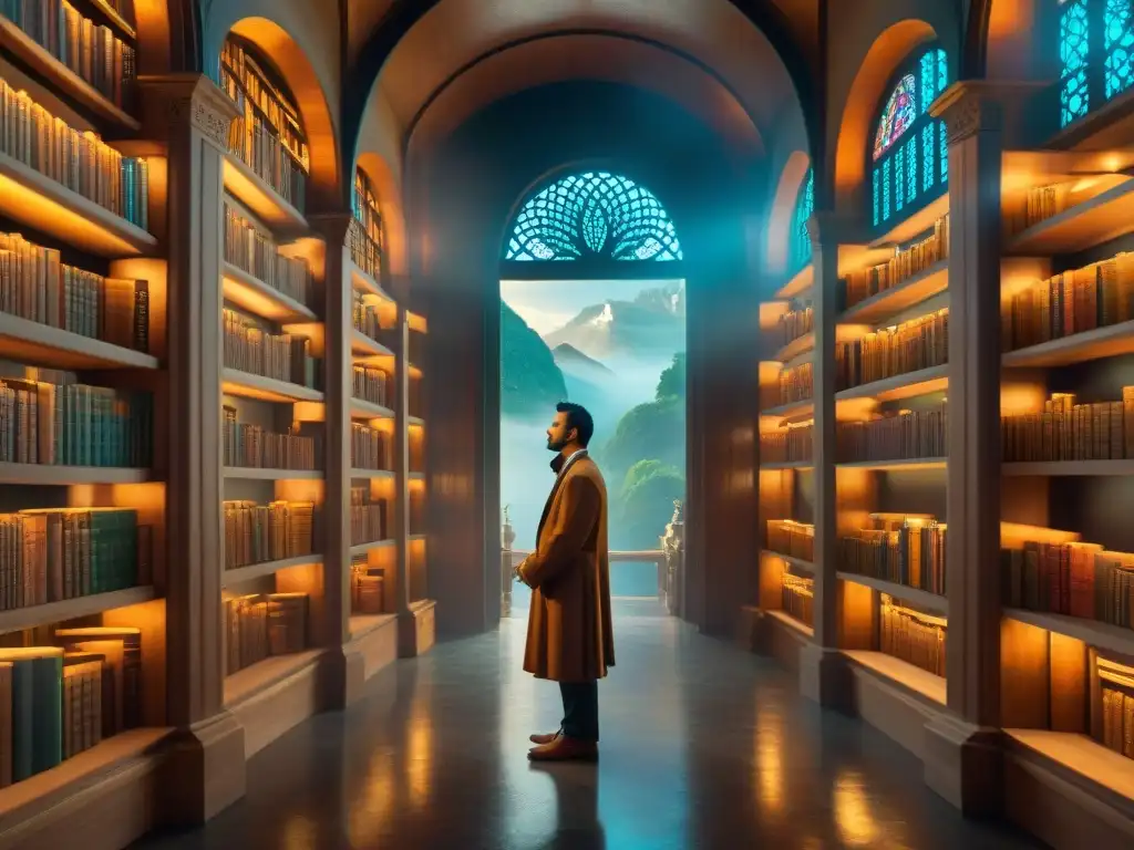 Enorme biblioteca antigua con estanterías infinitas iluminadas por luz cálida