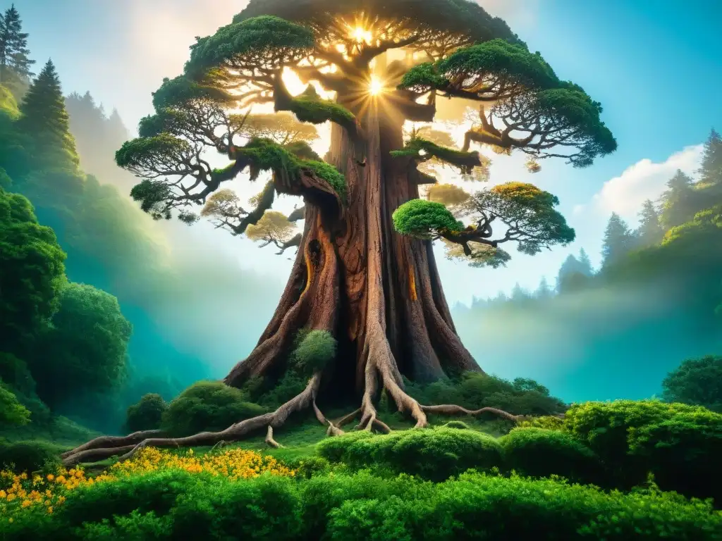 Ent ancestral en bosque místico y exuberante Un Ent majestuoso y antiguo se alza sobre un bosque místico y exuberante, creando una atmósfera mágica