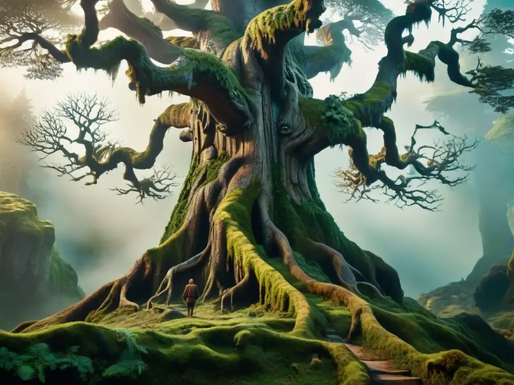 Ent majestuoso en el bosque de Fangorn: ilustración detallada Un Ent majestuoso entre árboles antiguos en el bosque de Fangorn, creando una escena mística de criaturas míticas