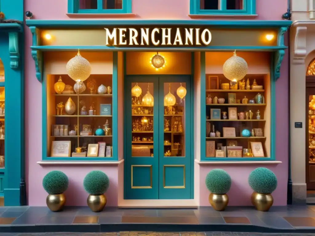 Entrada mágica de tienda con letrero dorado 'Merchandising Mágico' y productos encantados, para fans de merchandising personalizado mundos ficticios