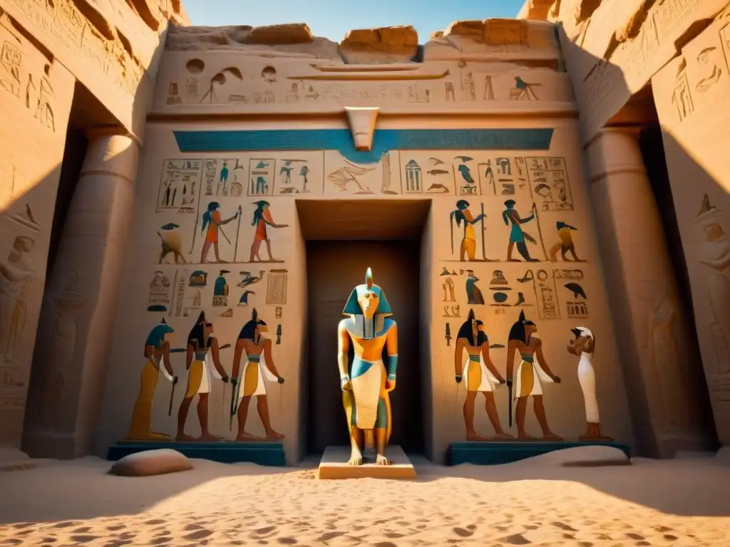 Entrada mística de tumba egipcia al atardecer, custodiada por Anubis