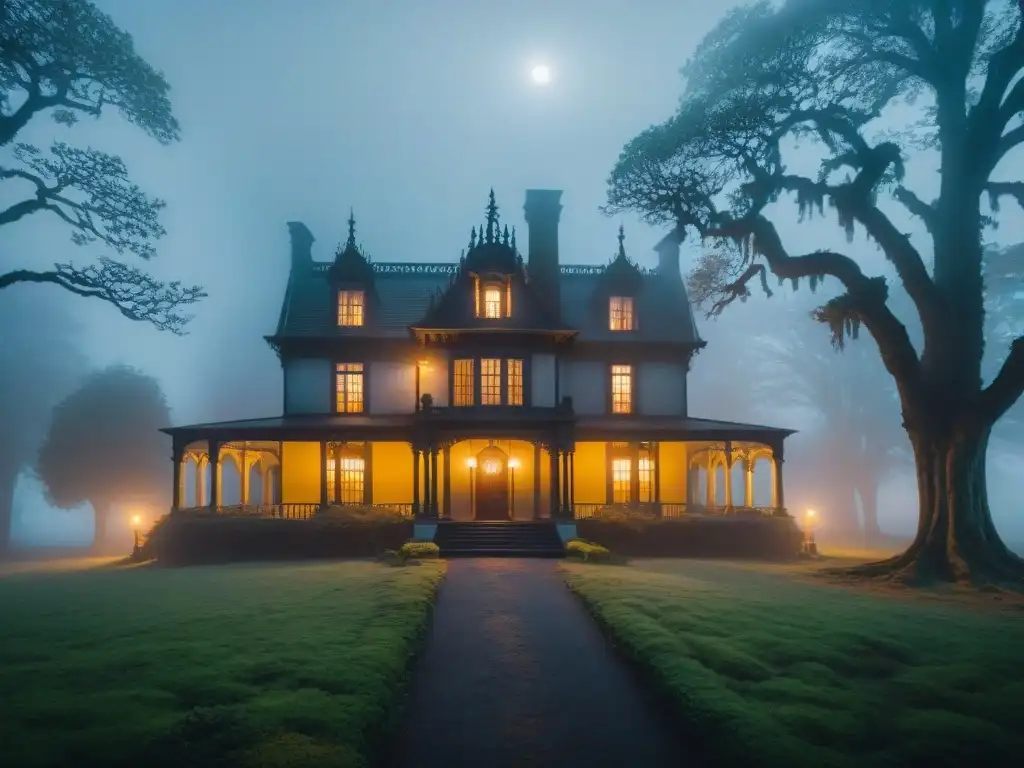 Un icónico Hill House envuelto en niebla densa y sombras misteriosas bajo la luz de la luna