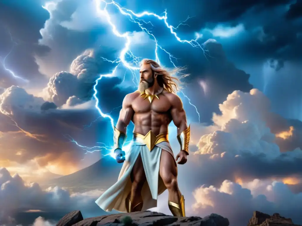 Una épica batalla celestial entre Zeus y Manwë, en un escenario de tormenta