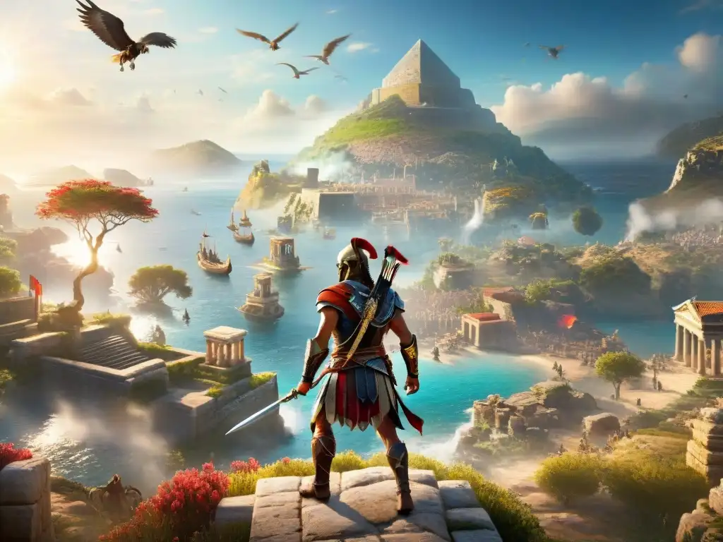 Épica batalla en Assassin's Creed: Odyssey con criaturas míticas como el Minotauro y Medusa en un paisaje griego antiguo