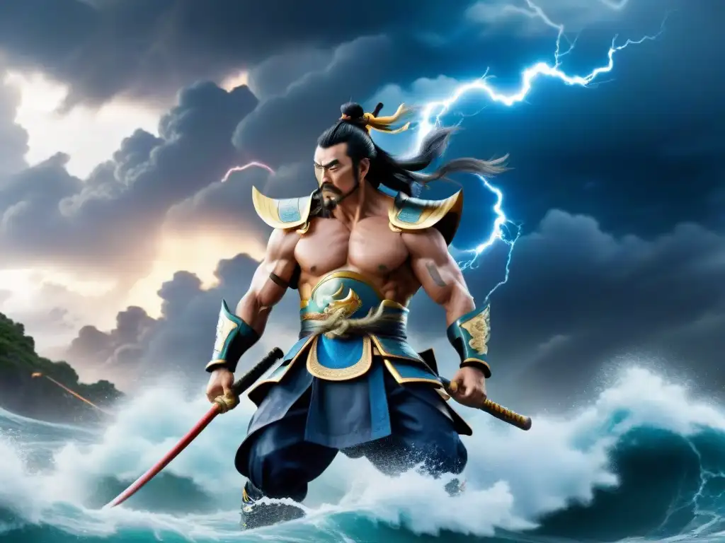 Épica batalla entre dioses: Raijin y Fujin, con armaduras y expresiones fieras, en medio de tormenta y olas