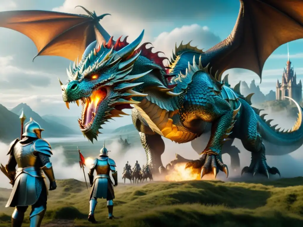 Épica batalla fantástica en geografía de batallas fantasía con dragones y gigantes