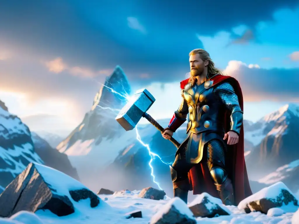 Épica batalla de Thor y gigantes helados en paisaje nevado, con Mjolnir y rayos, comparativa mitología nórdica Thor