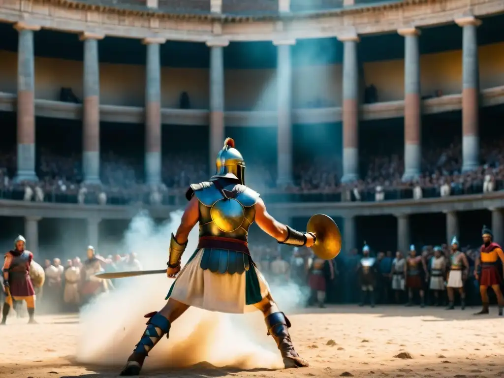 Recreación épica de una batalla de gladiadores en el Coliseo romano, reflejando la intensidad y espectacularidad del Imperio Romano en la cultura