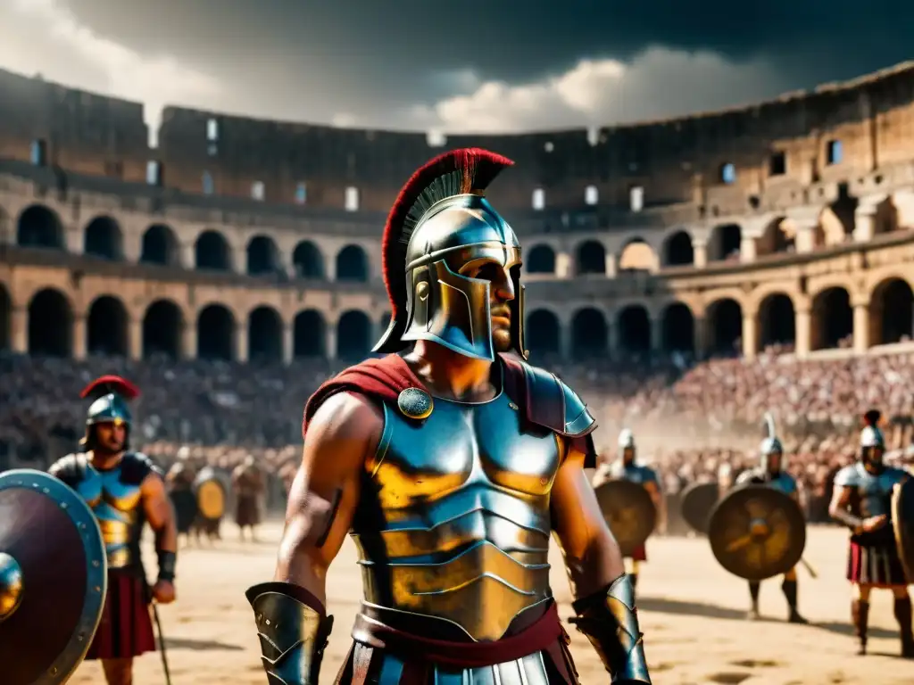 Épica batalla de gladiadores en el coliseo, comparativa mitología guerrera en ficción