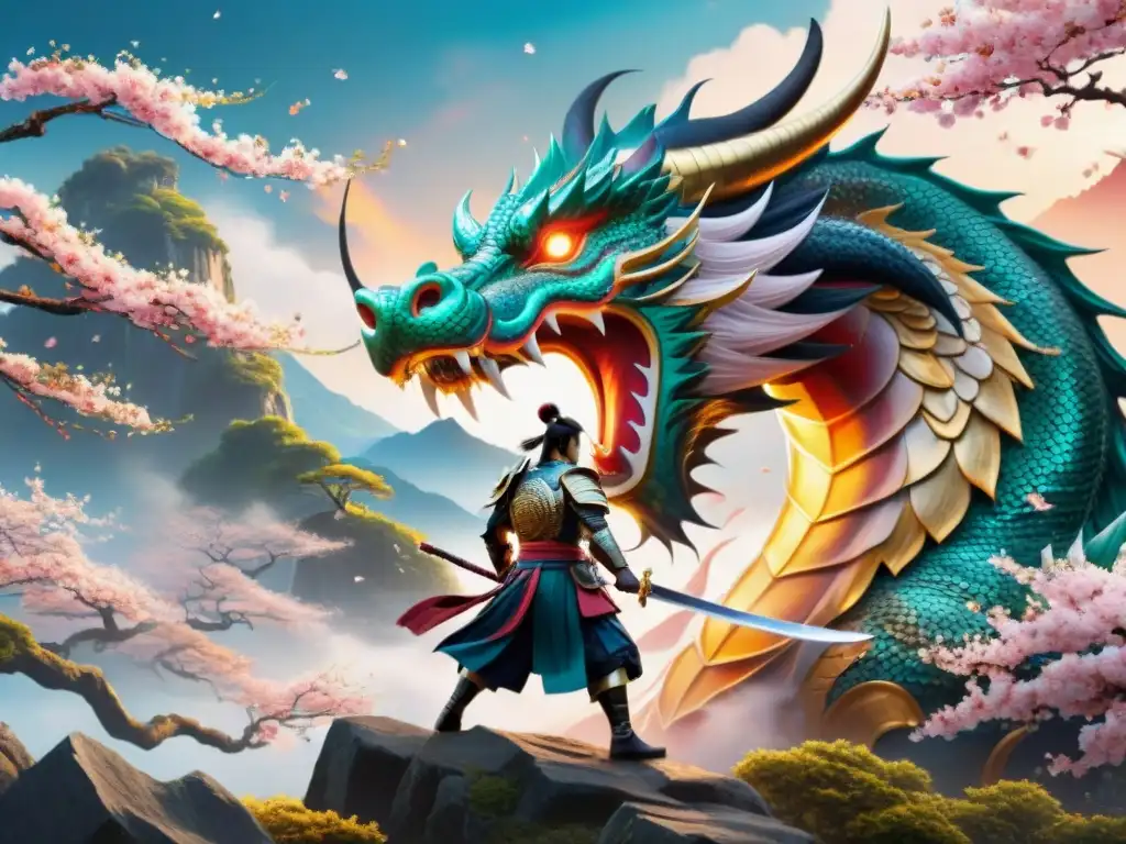 Batalla épica: Dragón vs Samurái en paisaje japonés Épica batalla entre dragón y guerrero samurái en paisaje japonés místico