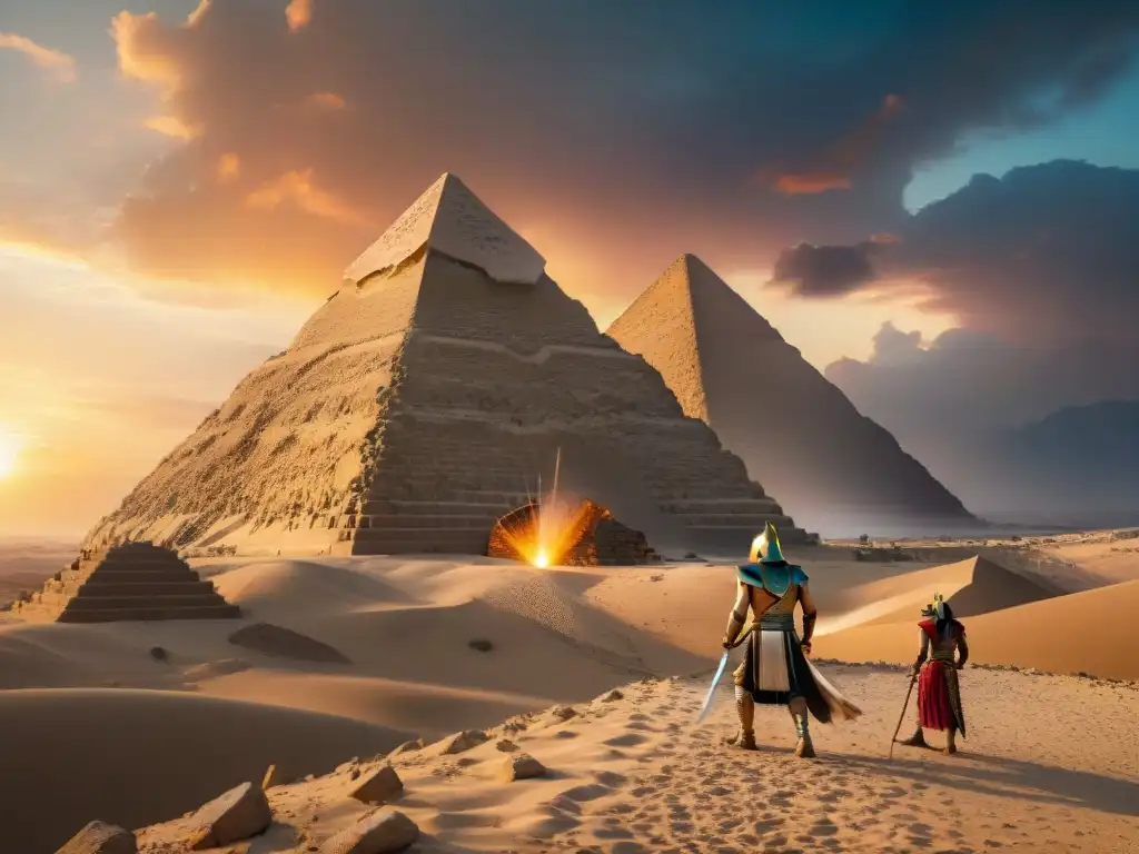 Épica batalla entre Horus y Set en la Gran Pirámide de Giza al atardecer